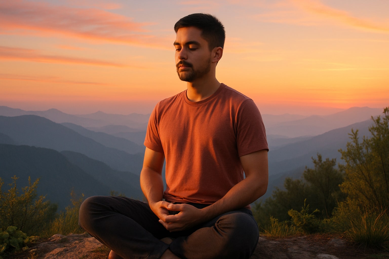 A person meditating at sunrise on a mountain