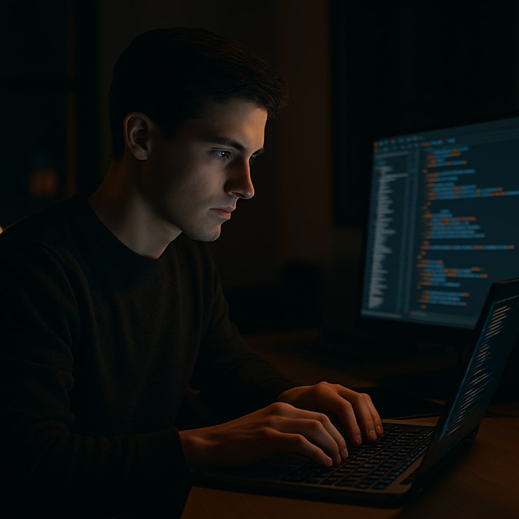 Focused person coding at night
