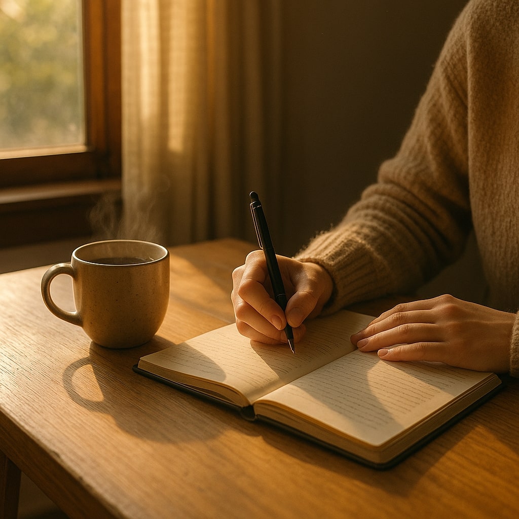 Morning journaling with coffee and sunlight